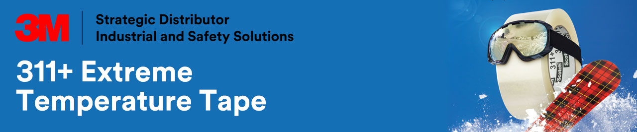 Banner image. 3M Strategic Distributor Industrial and Safety Solutions - 311+ Extreme Temperature Tape. Image also has a tape roll character on the right. They are wearing snow goggles and snowboarding as snow sprays out from under their board.