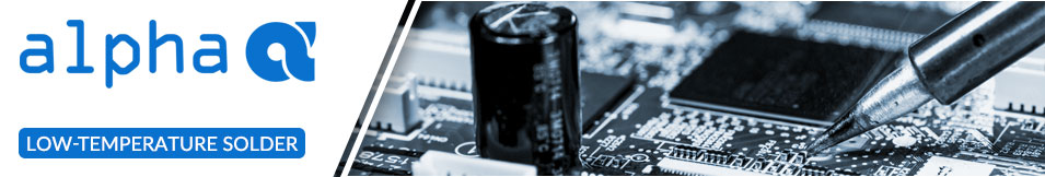 Header image containing the Alpha Assembly Solutions logo with Low-Temperature Solder text on the left. To the right is a photo of a soldering iron working on a circuit board.