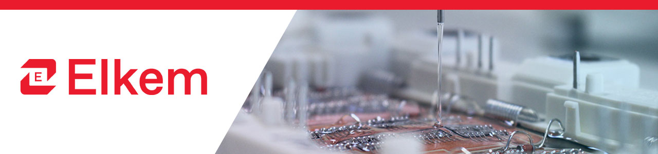 Elkem logo layered over a photo of siicone being applied to a circuit board.