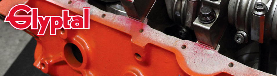 Glyptal logo with background image of coated engine block