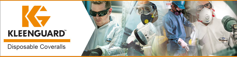 Photo of people in various occupations wearing Kleenguard Coveralls with Kleenguard logo and text overlaid.