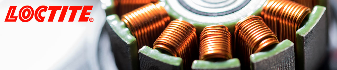 Photo of magnet coils from an electric motor. A Loctite logo is in the upper left.