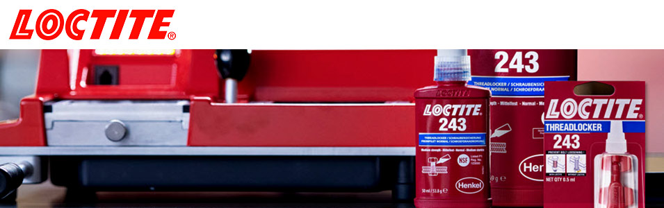 Image of machinery with three Loctite product bottles on the right.