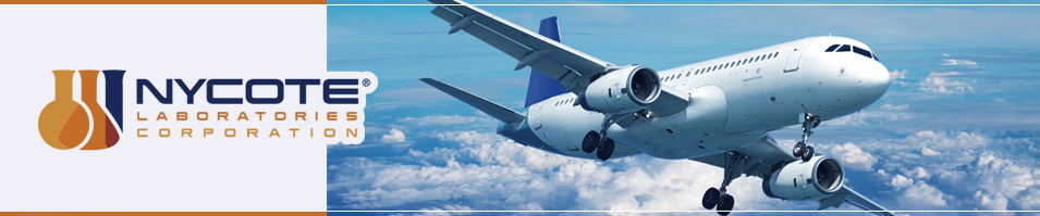 Nycote logo on a light colored block with a photo of an aircraft in flight to the right of it.