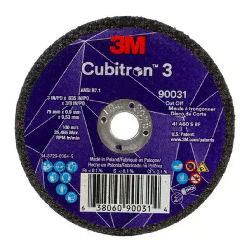 3M™ Cubitron™ 3 Cut-Off Wheel, 90031, 60+, T1, 3 x 0.035 x 3/8in, ANSI, 25 per Package, 2 Packages per Case