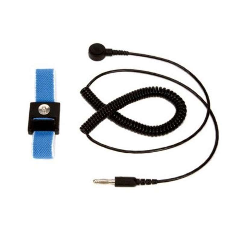 Adjustable Elastic Blue Fabric Wrist Strap with 6' Coil Cord, 4mm Snap, and Banana Plug