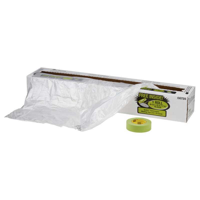 3M™ Premium Plastic Sheeting with 233+ Masking Tape (36 mm), 06728, 16 ft x 400 ft, 1 per case
