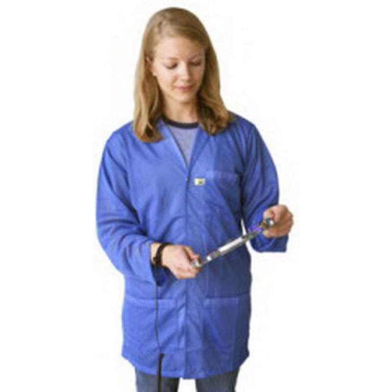 ESD-Safe Lightweight 3/4 Length Lab Coat with Snap Cuffs and Three Pockets, Blue, Medium, 30" Long
