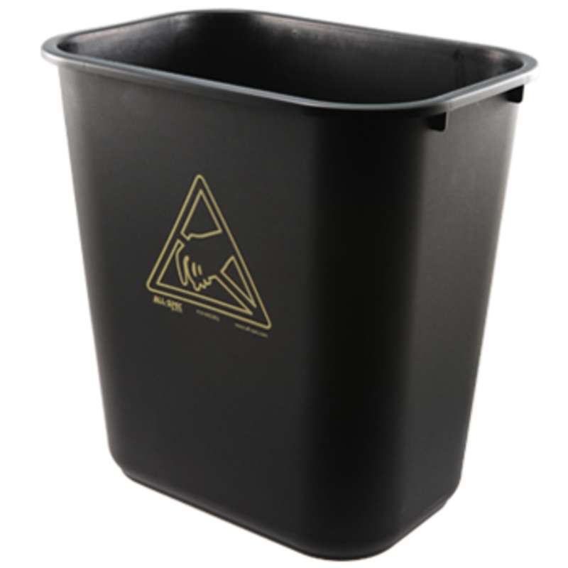 ESD-Safe 28 Quart Trash Receptacle with Yellow Reaching Hand Logo, Black
