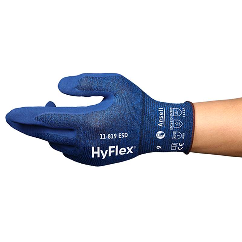 blue glove on hand with printing