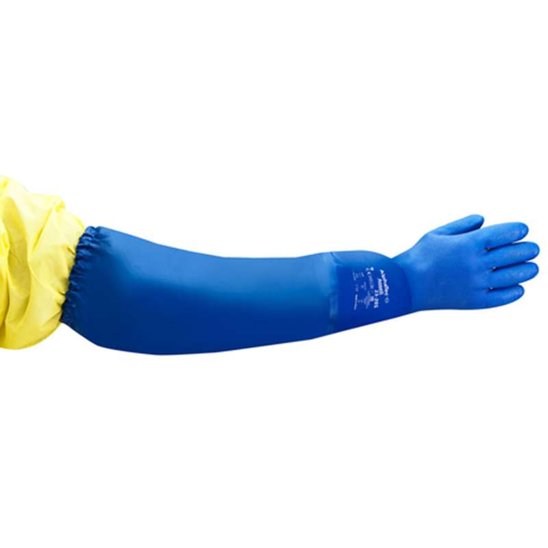 blue glove and sleeve up to elbow of arm