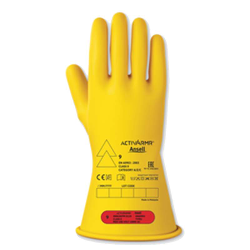 Yellow rubber glove with printing