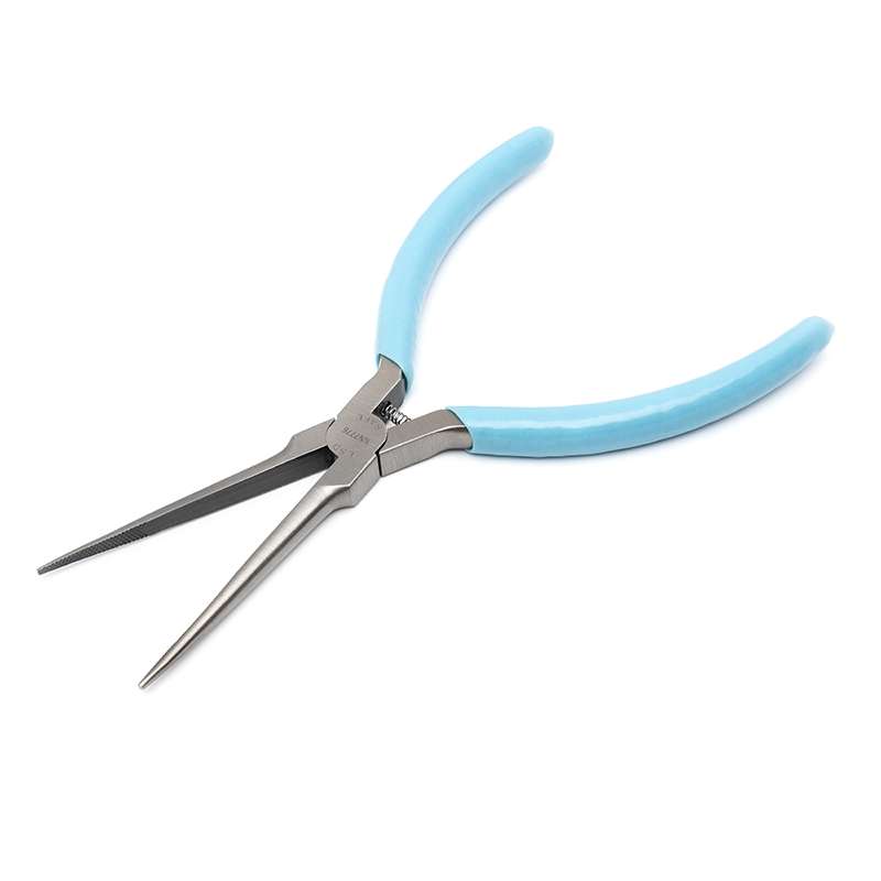ESD-Safe Extra Long Needle Nose Pliers with Serrated Jaws and Blue Cushion Grips, Carded, 6" Long