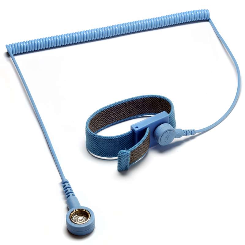 blue wrist strap with coiled wire