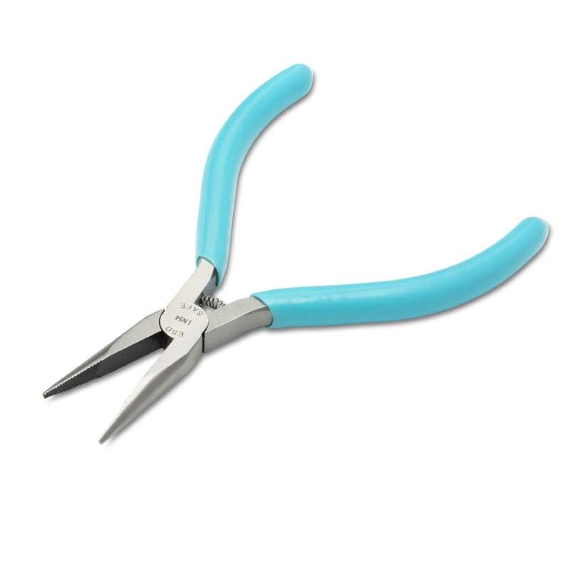 ESD-Safe Thin Long Nose Plier with Serrated Jaws and Green Cushion Grips, 5" (Carded Version)