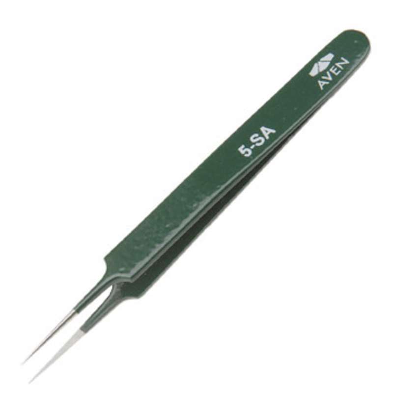 Style 5-SA E-Z Pick Stainless Steel Anti-Magnetic Green Tweezers with Tapered Ultra Fine Point Tips, 4-1/4" Long