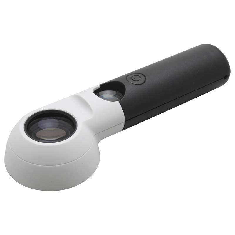 black handle on white plastic magnifier