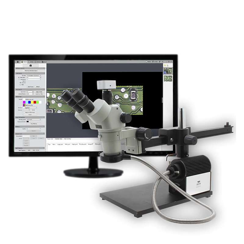 SPZV-50 Stereo Zoom Trinocular Microscope (6.75x-50x), Glide Boom Stand, LED FOI, USB 6M Camera