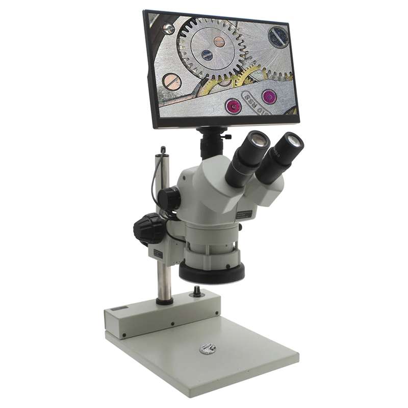 SPZV-50 Stereo Zoom Trinocular Microscope (6.75x-50x), Post Stand, Camera/Monitor, LED Ring Light