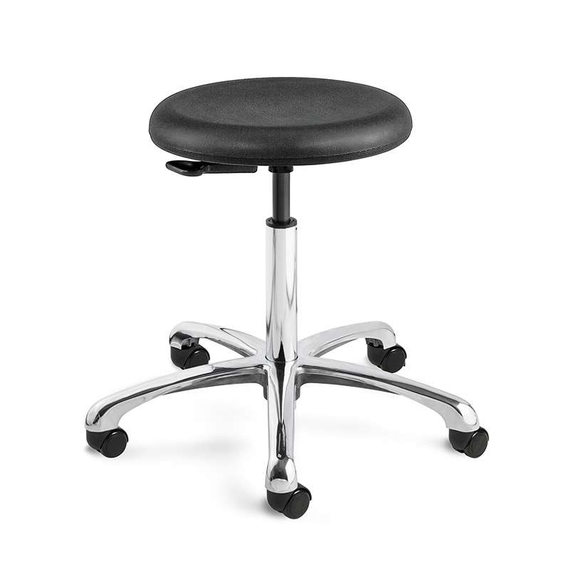 Versa Desk Height ISO4 Cleanroom Black Polyurethane Backless Stool, Polished Aluminum Base, Dual Wheel Hard Floor Casters