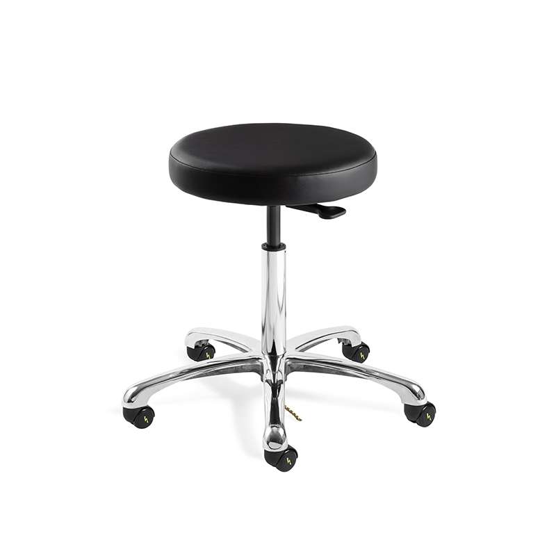 Versa Desk Height ESD/ISO5 Cleanroom Black Vinyl Backless Stool, Polished Aluminum Base, ESD Dual Wheel Hard Floor Casters