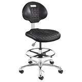 Everlast Tall Height ESD Black Polyurethane Chair, Non-Tilt, Polished Aluminum Base with Adjustable Footring, ESD Dual Wheel Hard Floor Casters redirect to product page