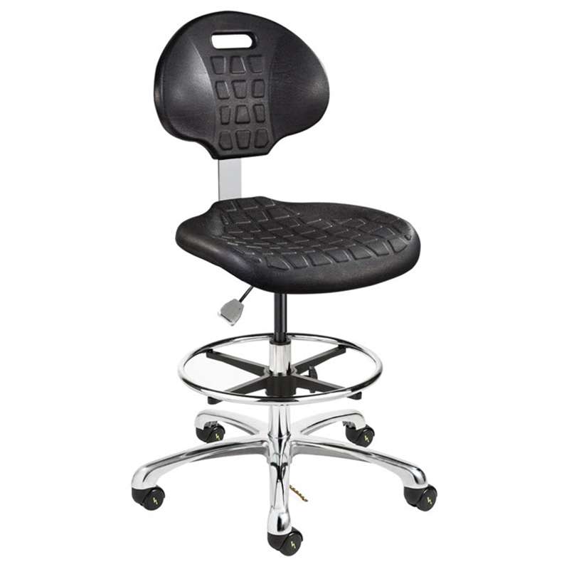 Everlast Tall Height ESD Black Polyurethane Chair, Non-Tilt, Polished Aluminum Base with Adjustable Footring, ESD Dual Wheel Hard Floor Casters