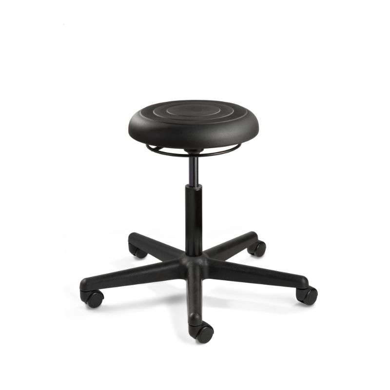 ErgoLux Jr Desk Height Soft Polyurethane Black Backless Stool, Black Nylon Base, Dual Wheel Hard Floor Casters