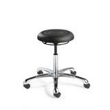 ErgoLux Jr Desk Height Soft Polyurethane Black Backless Stool, Polished Aluminum Base, Dual Wheel Hard Floor Casters redirect to product page