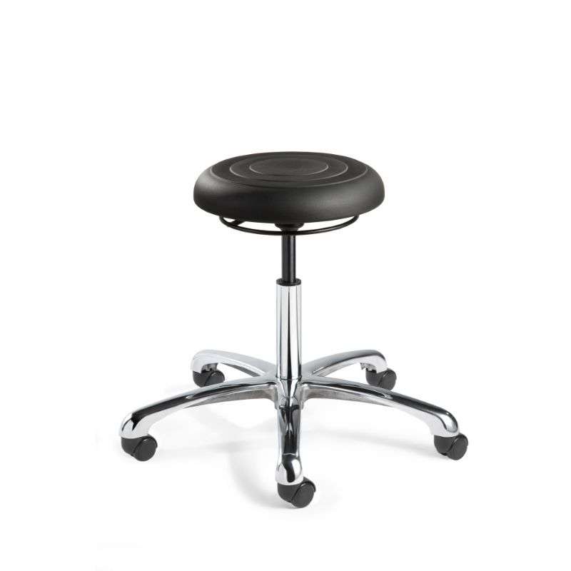 ErgoLux Jr Desk Height Soft Polyurethane Black Backless Stool, Polished Aluminum Base, Dual Wheel Hard Floor Casters