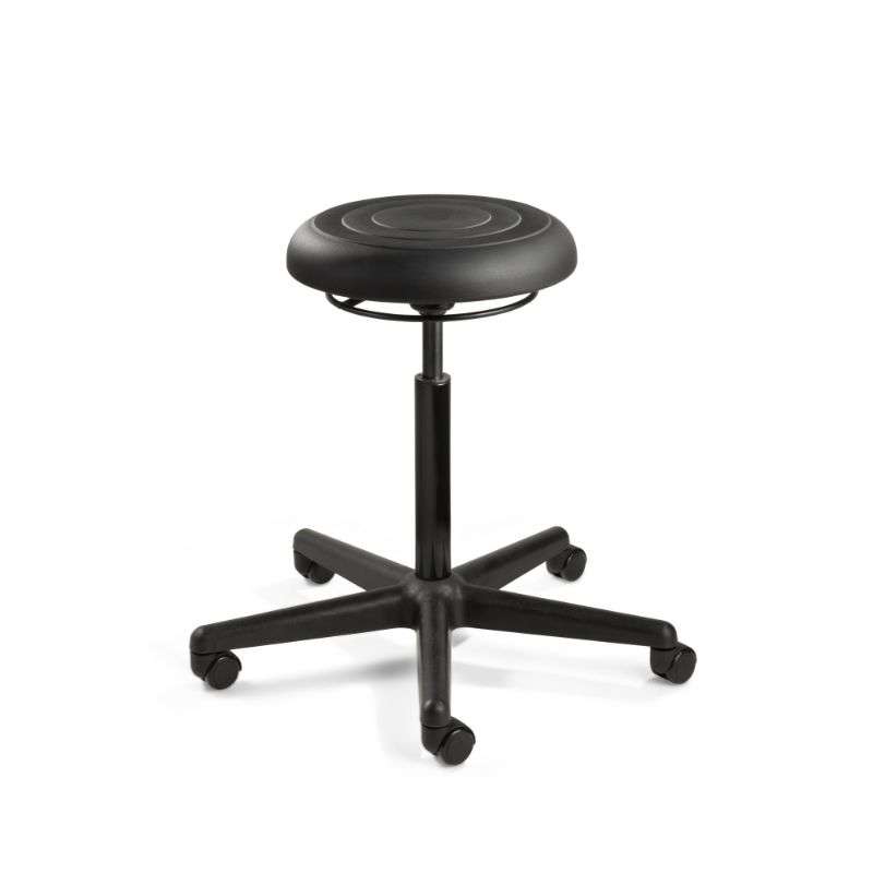 ErgoLux Jr Mid Height Soft Polyurethane Black Backless Stool, Black Nylon Base, Dual Wheel Hard Floor Casters