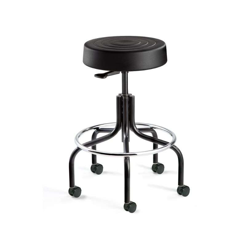 ErgoLux Mid Height Soft Polyurethane Black Backless Stool, Tubular Steel Base, Dual Wheel Hard Floor Casters
