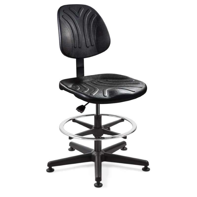 Dura Heavy-Duty Black Polyurethane Chair, Non-Tilt, Black Nylon Base, 20" Adjustable Flat Chrome Footring, Mushroom Glides, 21" - 31" Seat Height Adjustable , 350lb Weight Capacity, 12 Year Warranty