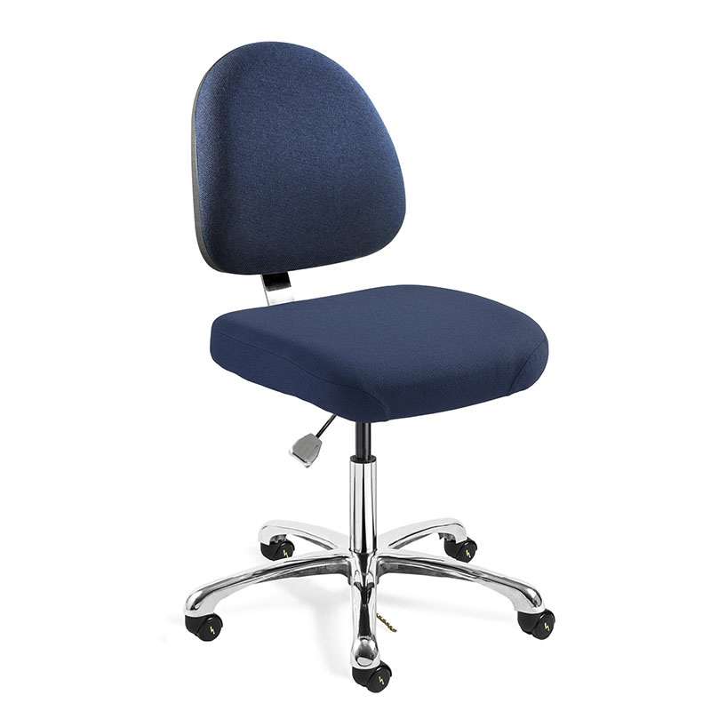 Integra Desk Height ESD Navy Blue Fabric Chair, Medium Back, Non-Tilt, Polished Aluminum Base, ESD Dual Wheel Hard Floor Casters