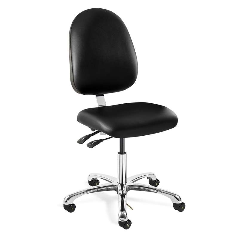 Integra Desk Height ESD Black Vinyl Chair, Large Back, Articulating Seat & Back Tilt, Polished Aluminum Base, ESD Dual Wheel Hard Floor Casters