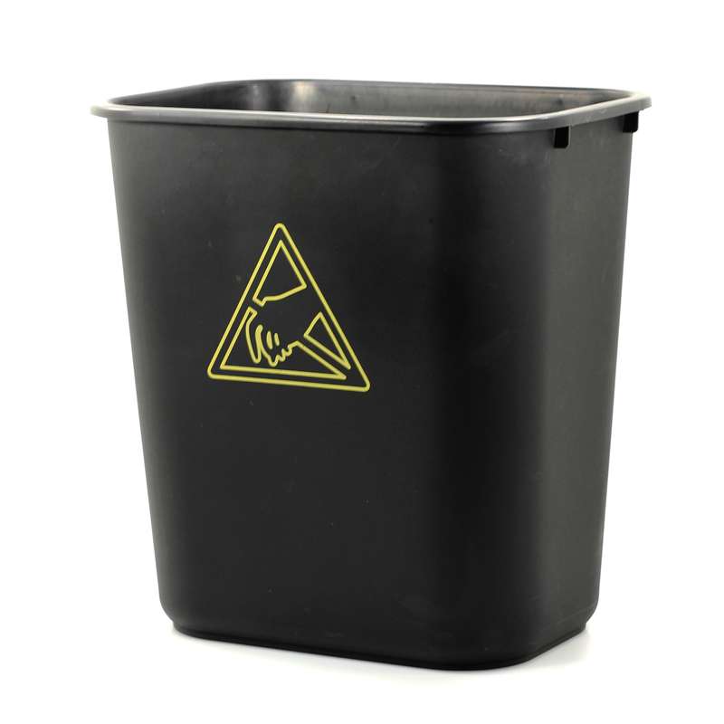 ESD-Safe Waste Basket with Bright Yello ESD Logo, Black, 7 Gallon