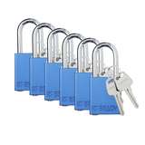 Aluminum Safety Padlock, Keyed Alike, Blue, 1.5" Steel Shackle, 6 Per Package redirect to product page