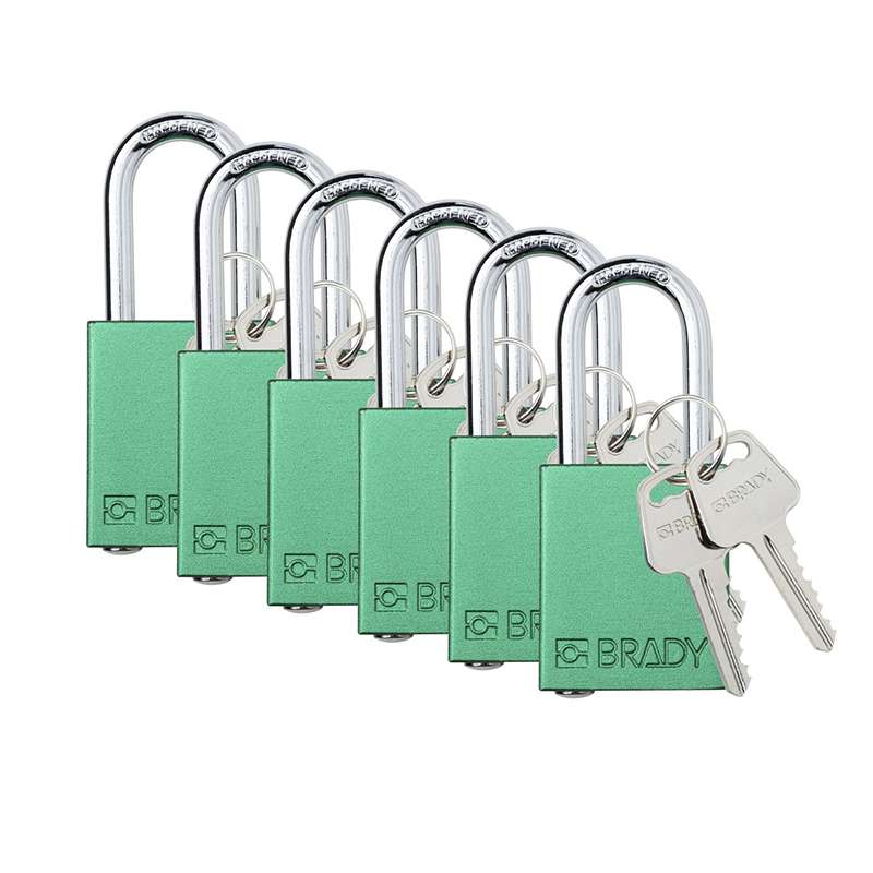 Aluminum Safety Padlock, Keyed Different, Green, 1.5" Steel Shackle, 6 Per Package