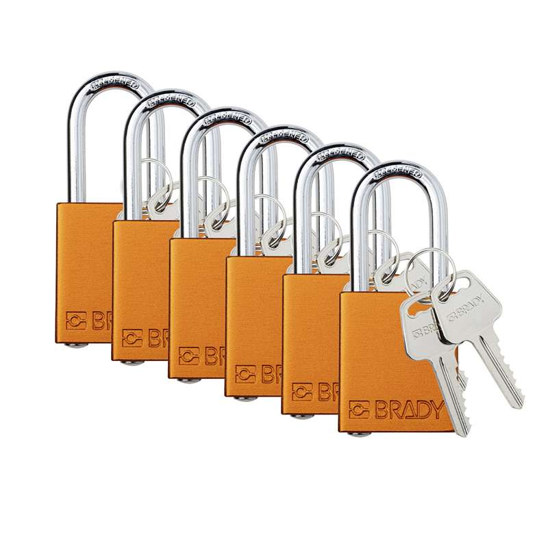 Aluminum Safety Padlock, Keyed Alike, Orange, 1.5" Steel Shackle, 6 Per Package