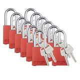 Aluminum Safety Padlock, Keyed Alike, Red, 1.5" Steel Shackle, 12 Per package redirect to product page