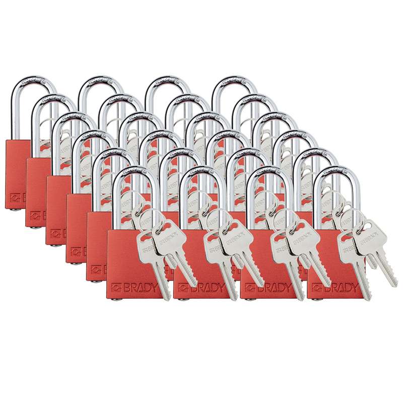 Aluminum Safety Padlock, Keyed Alike, Red, 1.5" Steel Shackle, 24 Per package