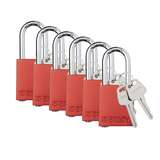 Aluminum Safety Padlock, Keyed Alike, Red, 1.5" Steel Shackle, 6 Per Package redirect to product page