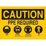 CAUTION PPE Required Hard Hat Safety Glasses Hearing Protection Fr Suit Sign, Black on Yellow redirect to product page