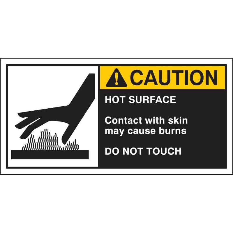 "Hot Surface Contact With Skin May Cause Burns Do Not Touch" Caution Labels, 5 per Pack, Black/Yellow on White