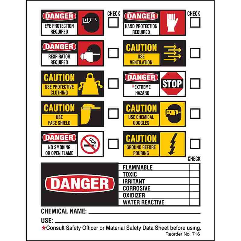 Chemical Safety Check Labels, 4.5" H x 2.25" W, Black/Red/Yellow on White, Pack of 100 Labels