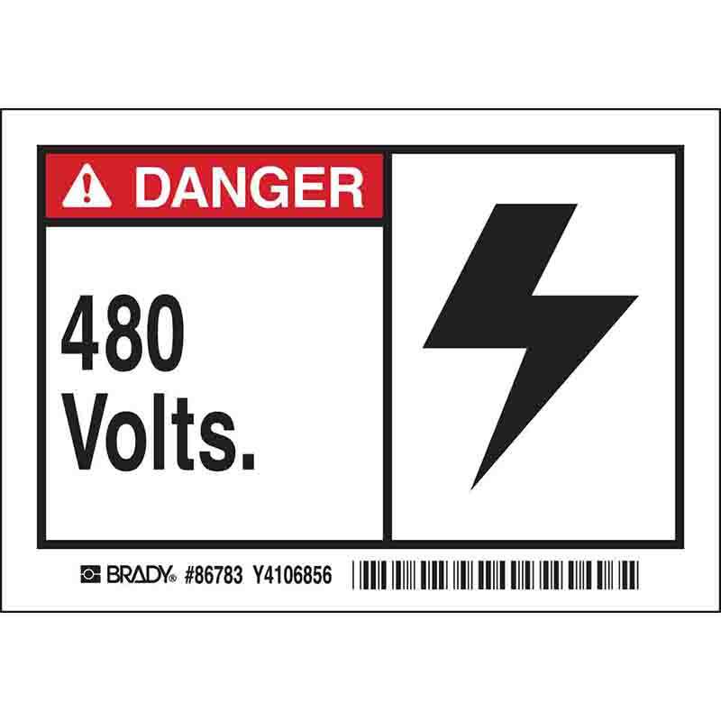 DANGER 480 VOLTS Labels, B302, Pack of 5 Labels