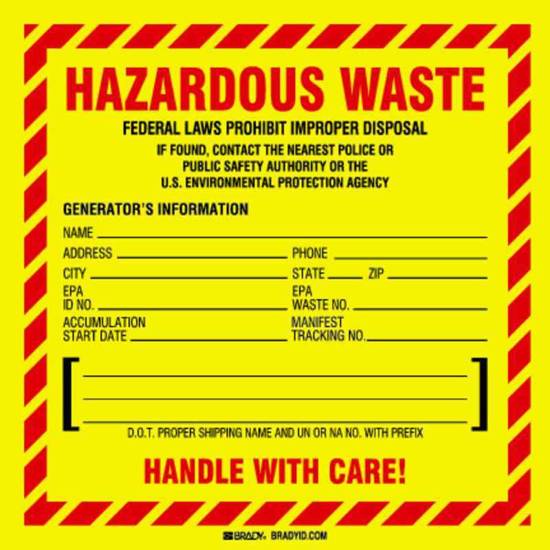 Hazardous Waste Packing Label, Black/Red on Yellow, B-7569, 6 x 6 x .004 in, 100 per Package