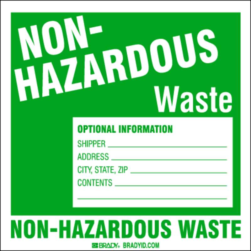 Non-Hazardous Waste Label, Green on White, B-7569, 6 x 6 x 0.004 in, 100 Labels per Package