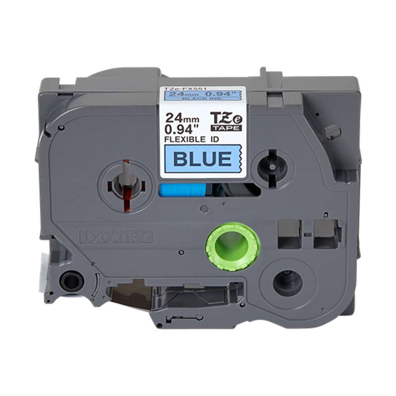 Tze Flexible ID Laminated Label Tape, Black on Blue, 0.94in x 26.2ft