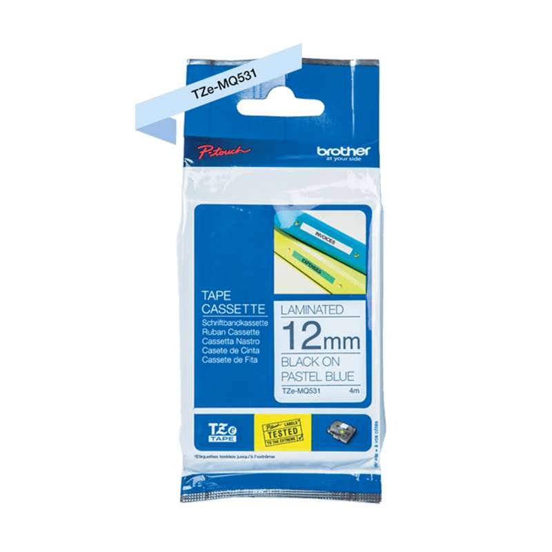 TZe Laminated Label Tape, Black Ink on Pastel Blue, 0.47in x 26.2ft, for Use with P-Touch Label Makers